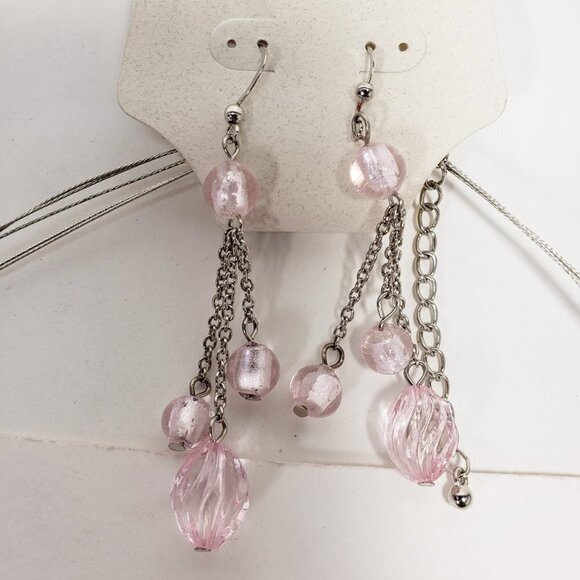 Elegant Light Pink Beaded Illusion Necklace Set – Silver-Tone Matching Earrings - Picture 8 of 9